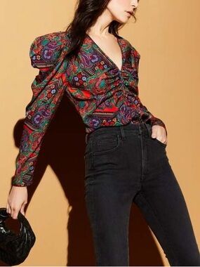 VERONICA BEARD Simmons Paisley Print Ruched Puff Sleeve Blouse‎ Top